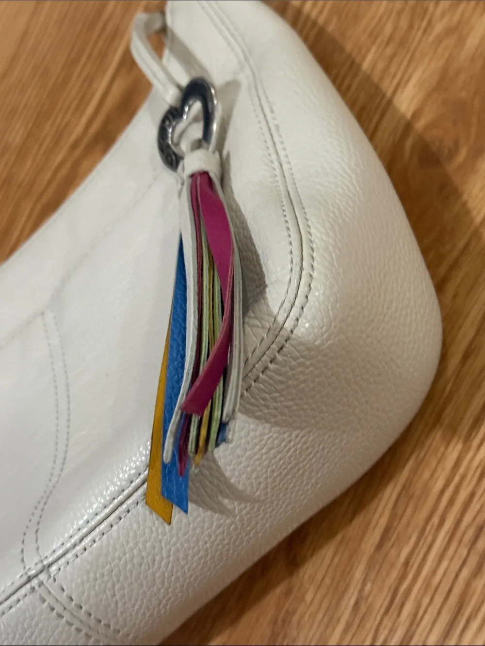 Brighton White Leather Shoulder Bag with Multicolor Braided Strap and Tassel